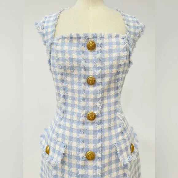 BALMAIN Blue & White Frayed gingham cotton-blend tweed Mini Dress FR36